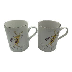 2 Pottery Barn Reindeer Blitzen Coffee Mug Cups Holiday Office Party 4 1/2 Inch